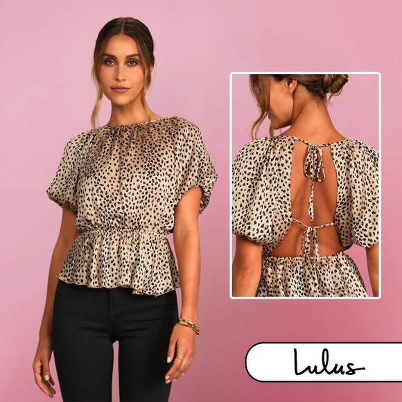 NWT Lulus Tame Your Love Beige Leopard Print Backless Puff Sleeve Top - Size M - Picture 1 of 3